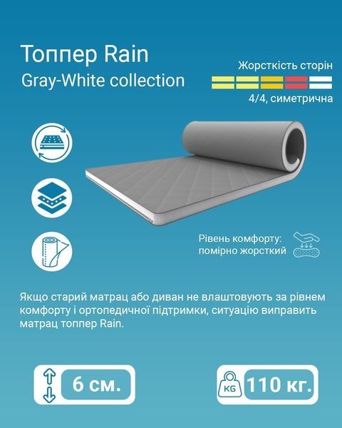 Матрас топпер ортопедичний для дивану Rain сірого кольору 75x180, в рулоні, топпер 1340 фото